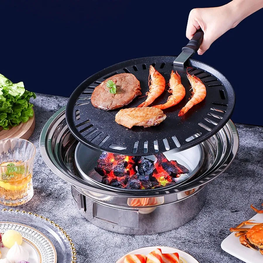 Portable Korean BBQ Grill | Stainless Steel Charcoal Non-Stick Round Stove