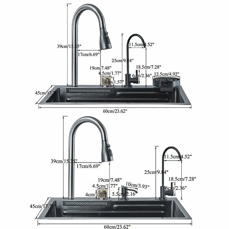 304 Stainless Steel Waterfall Kitchen Sink Large Single Slot Integrated 60X45cm Faucet Set Soap Dispenser Pure Water Tap
