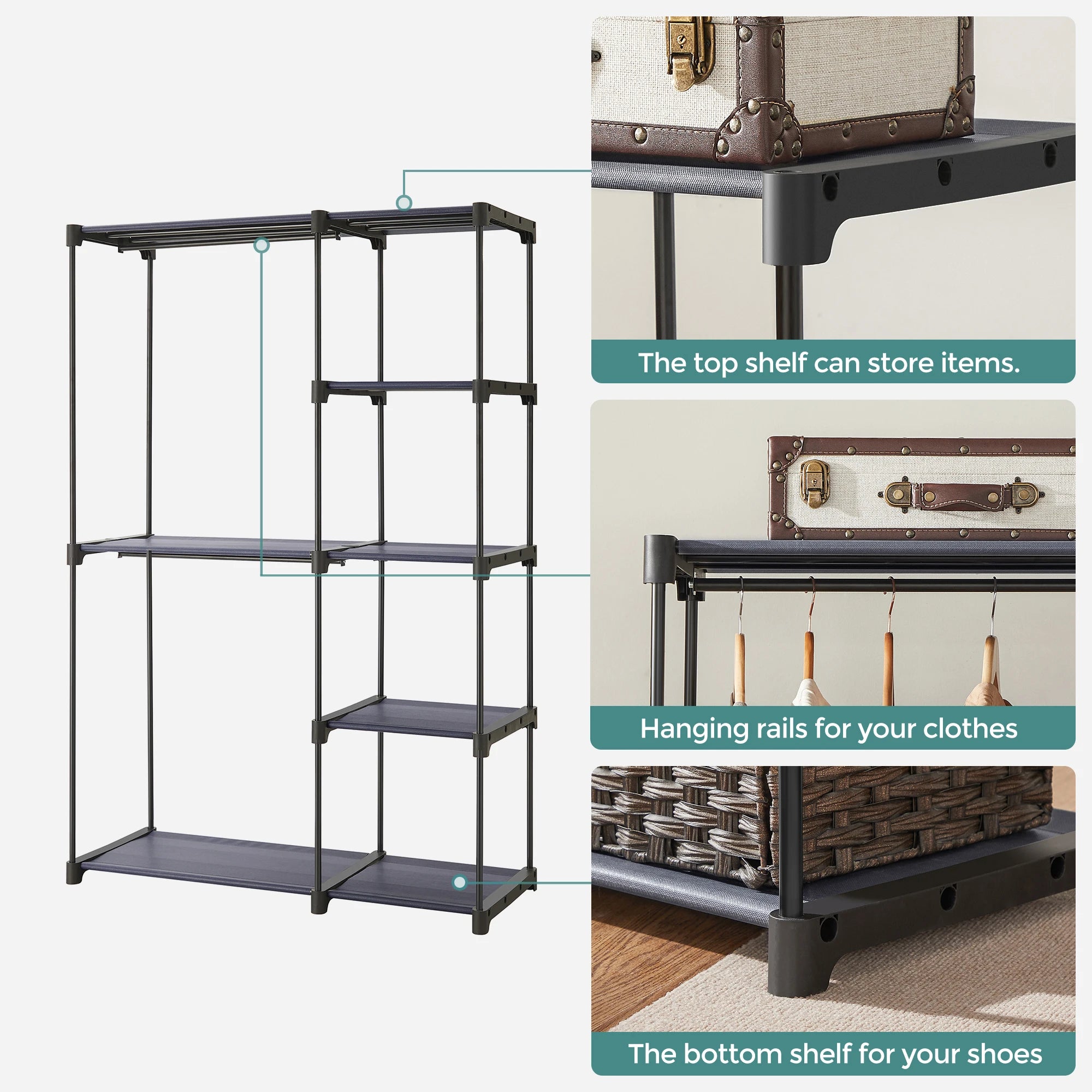 SONGMICS Portable Closet, Freestanding Closet Organizer, Clothes Rack with Shelves, Hanging Rods, Storage Organizer