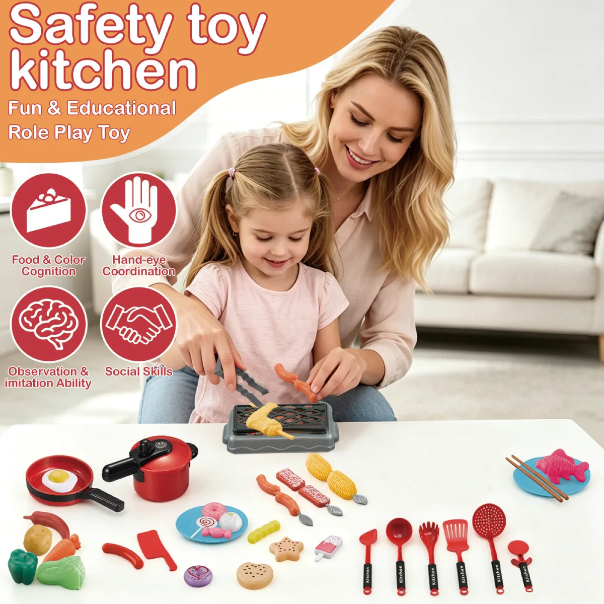 Mini Kids Kitchen Toys Set Pretend Play Cooking Pots Pans Utensils with Play Food Educational Gift for Toddler Boys Girls 3+