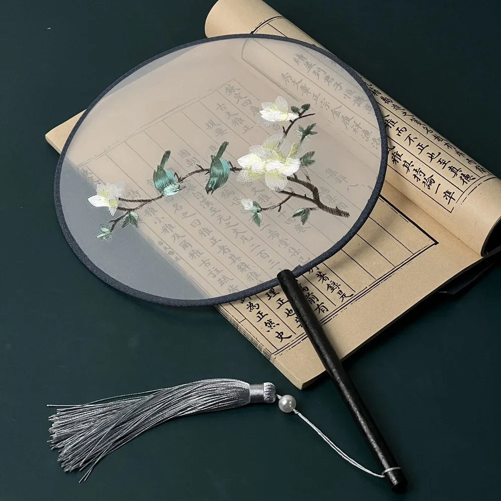 Chinese Ancient Style Round Fan Silk Embroidered Cheongsam Fan Dance Performance Photography Props Vintage Home Decor