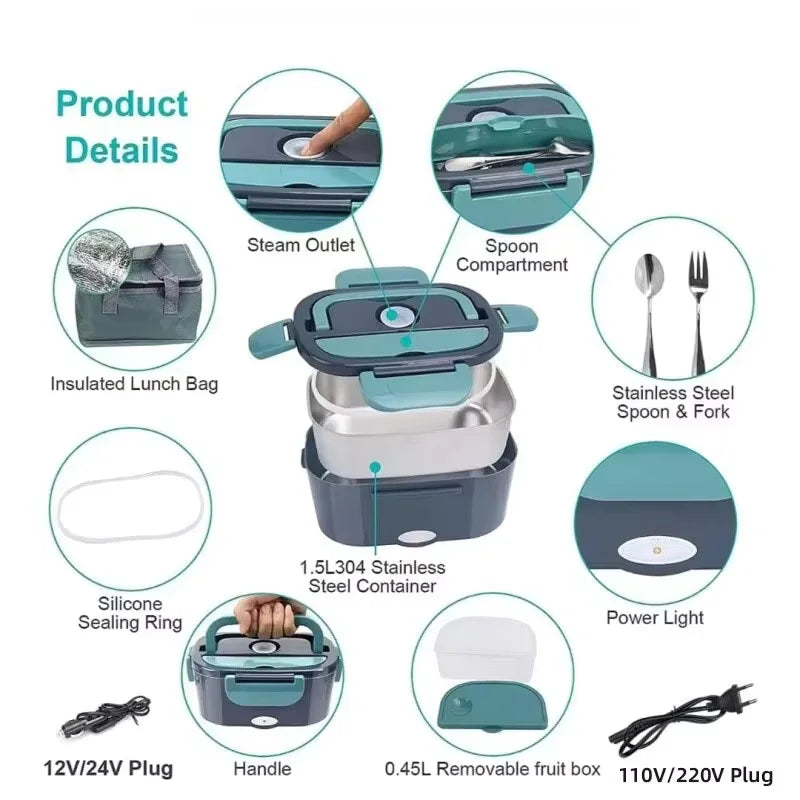 Electric Heated Lunch Box with Thermal Insulation for Office, Dorm, and Travel Meals