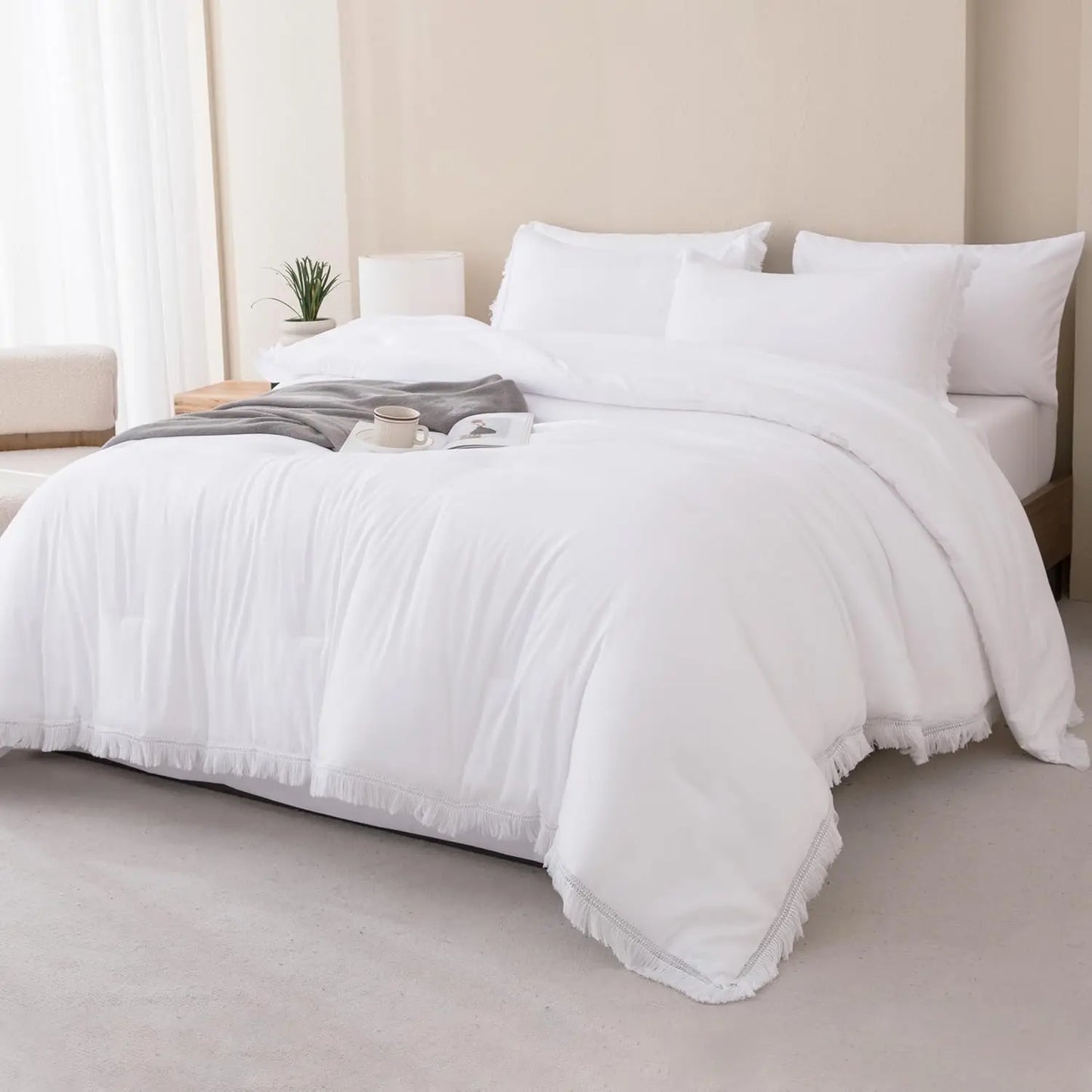 Comforter Set King Size, with Sheets 7 Pieces Boho Tassel Bed in a Bag Soft Lightweight Bedding Sets, All Season Fringe Bed Set