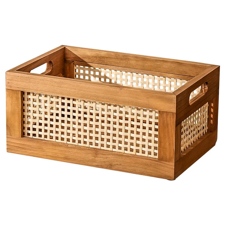 Kitchen Desktop Solid Wood Storage Box Retro Rattan Basket Book Snacks Cosmetics Organizer Home Appliance Bathroom Accessories