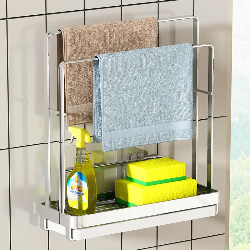 Stainless Steel Kitchen Cloth Storage Rack, Magic Organizer for Dishcloths, Water-Draining Rack for Windowsill and Sink Gaps, Narrow Towel Holder