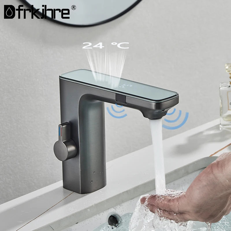 Gun Grey Smart Sensor Basin Faucet Digital Display Screen Hot Cold Water Mixer Tap Vanity Touchless Faucet For Bathroom Basin