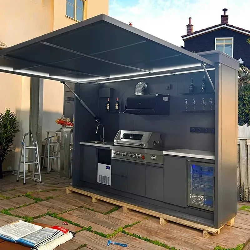 Customized Outdoor Kitchen Island Set Equipped With BBQ Grill And Refrigerator Full Outdoor Cooking Kitchen