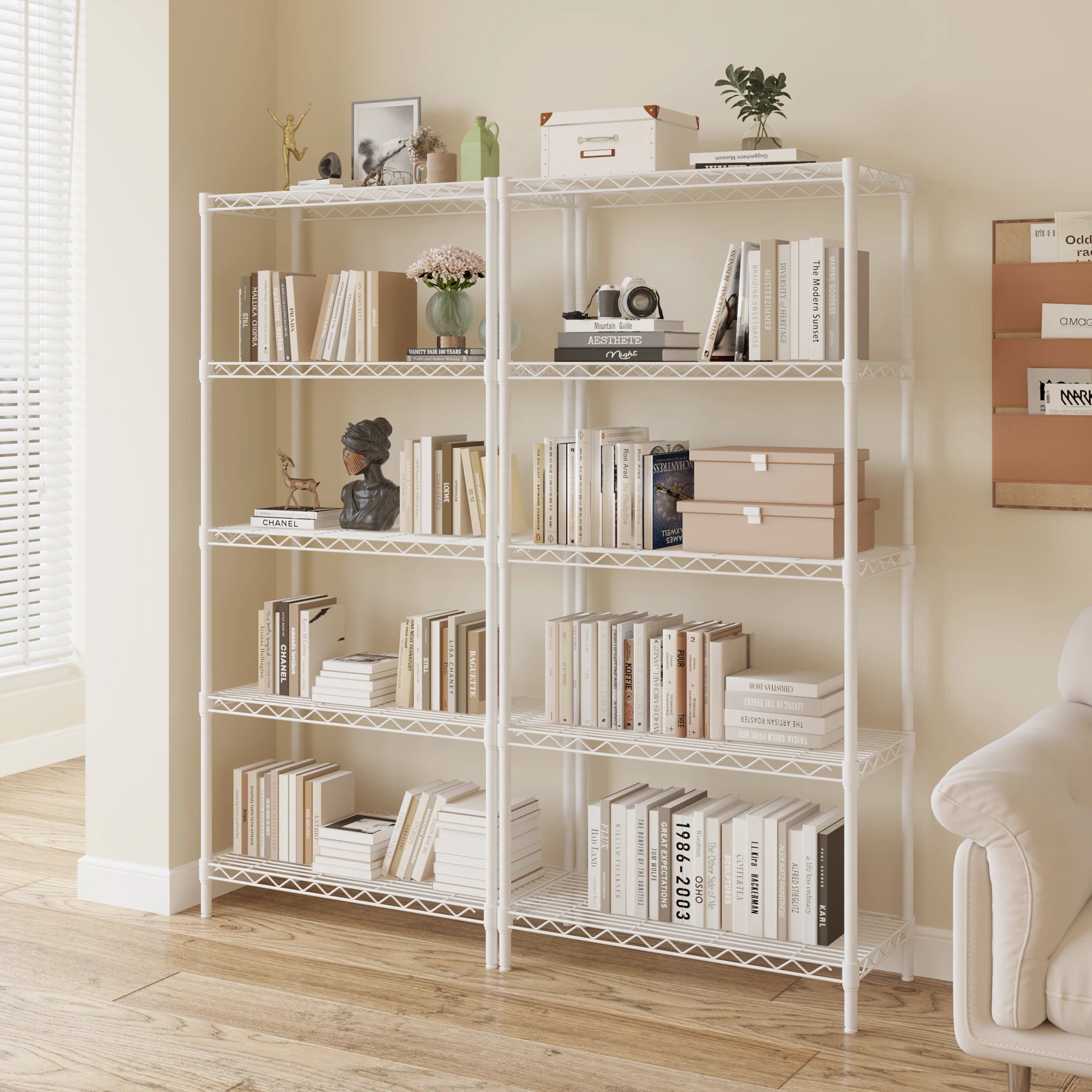 five-layer display stand without wheels with adjustable feet, freely adjustable layer spacing, iron 74*34*150cm, matte white