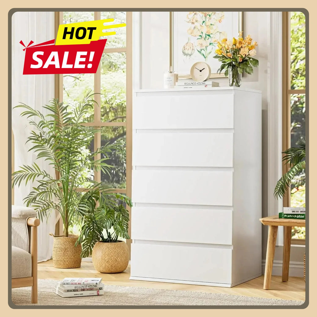 5 Drawer White Dresser, Dresser Tall White Dresser with Large Storage Space, Modern Storage Chest of Drawers