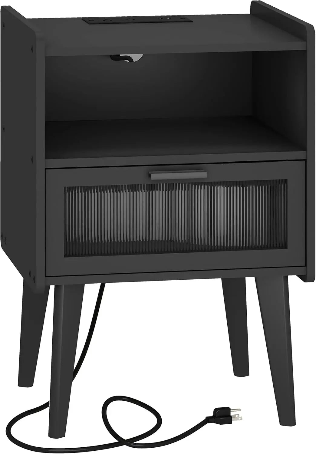 Nightstand with Charging Station, Black Wood Grain Bedside Tables, Modern End Table, Side Table with 2 Tiers Storage Space for B