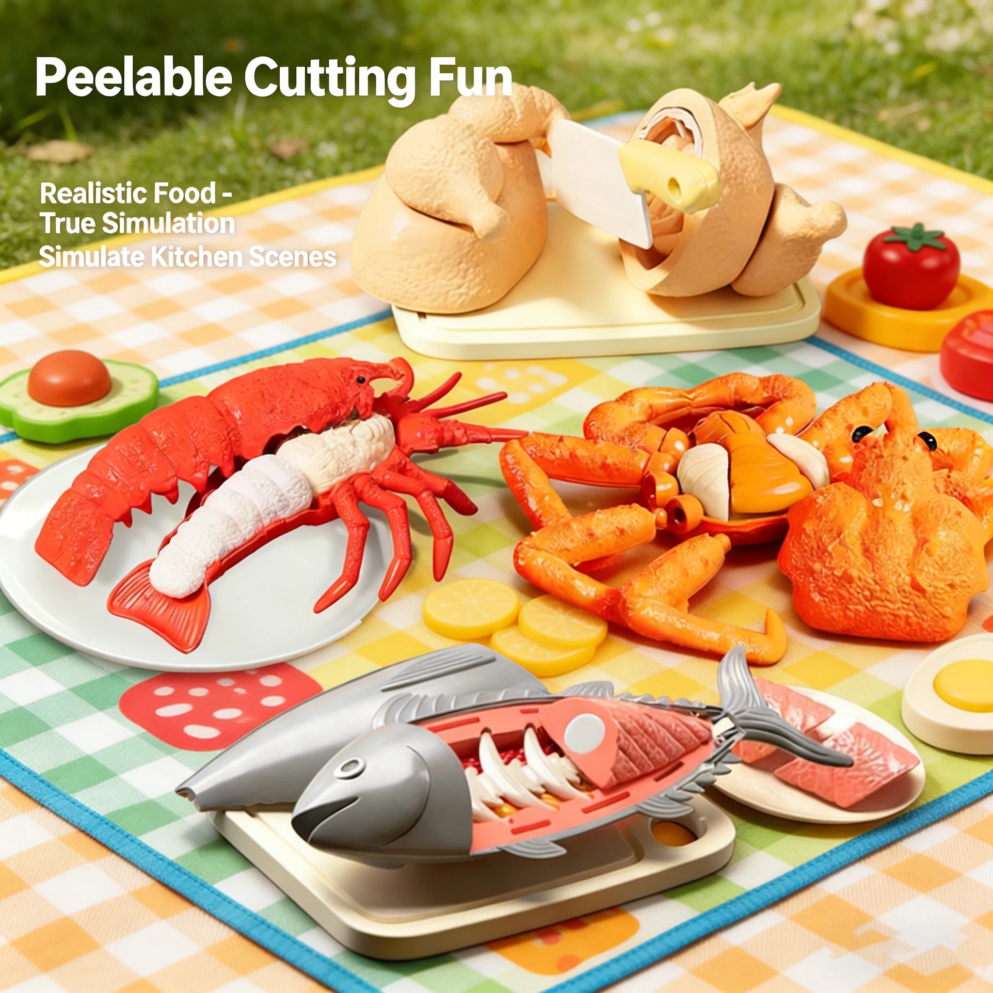 Kids Kitchen Toy Set Simulated Big Size Lobster Crab Fish Chicken Fun Cutting Food DIY Assembly Model Accessories Birthday Gifts