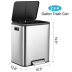 Dual Trash Can, Stainless Steel 2 x 4 Gal (2 x 15L) Garbage Can, Steel Pedal Recycle Bin with Lid and Inner Buckets, Rectangular