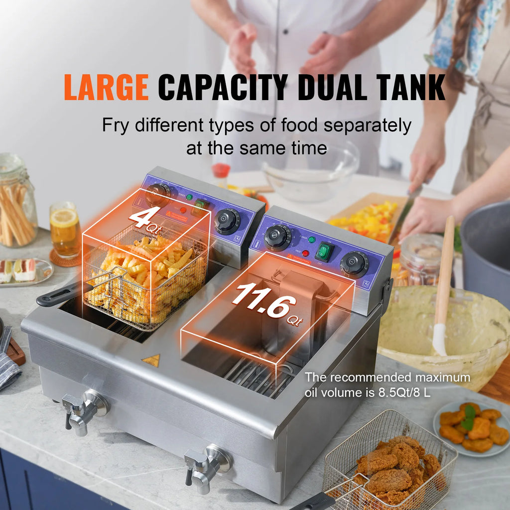 SucceBuy Commercial Electric Deep Fryer w/Dual Tanks 12L 3000W  Stainless Steel Countertop Fryer for Fried Chicken French Fries