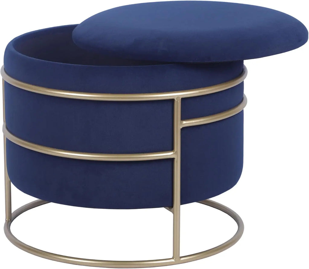 Elegant Velvet Round Ottoman With Gold Frame And Storage (Blue)