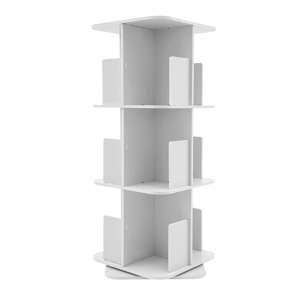 3 Shelves Rotating Bookcase with Desk Pad 360 Degree Rotating Stainless Steel Bookcase for Bedroom Office  Living Room White