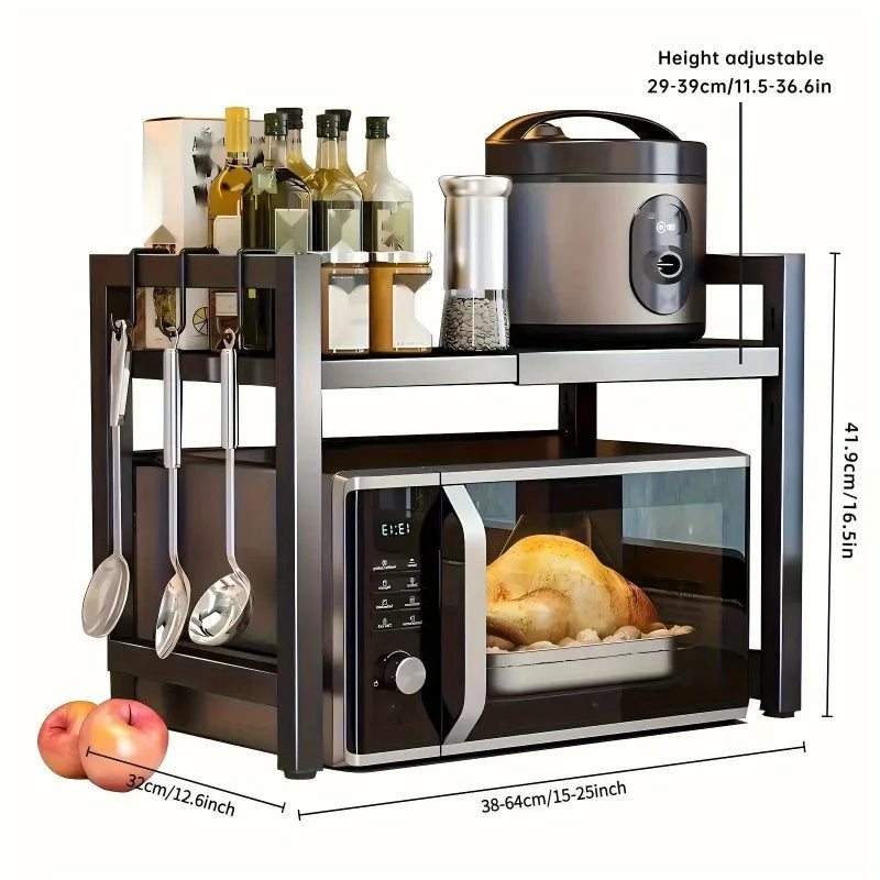 Heavy Duty Adjustable 2 Tier Metal Kitchen Rack Open Storage Shelf For Microwave Oven Organize Spices Utensils Cookware