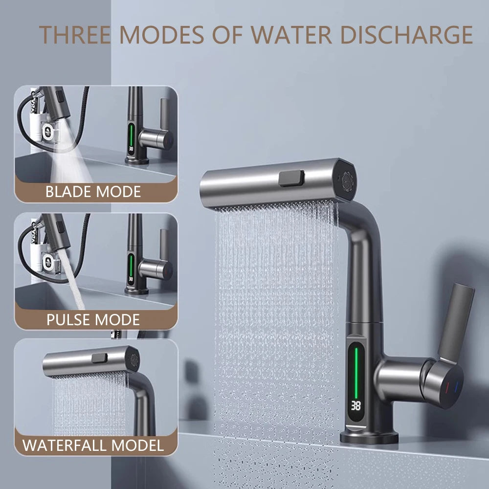 Gun Grey Intelligent Digital Display Waterfall Pull Out Kitchen Faucet Cold Hot Mixer Taps Rotatable Sink Lifting Basin Faucet