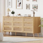 9 Drawer Double Dresser for Bedroom, Rattan Chest of Dressers, Modern Wooden Dresser Chest with Golden Handles, Beside Table