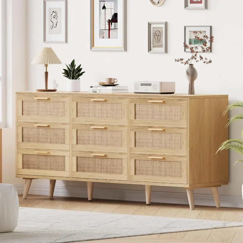 9 Drawer Double Dresser for Bedroom, Rattan Chest of Dressers, Modern Wooden Dresser Chest with Golden Handles, Beside Table