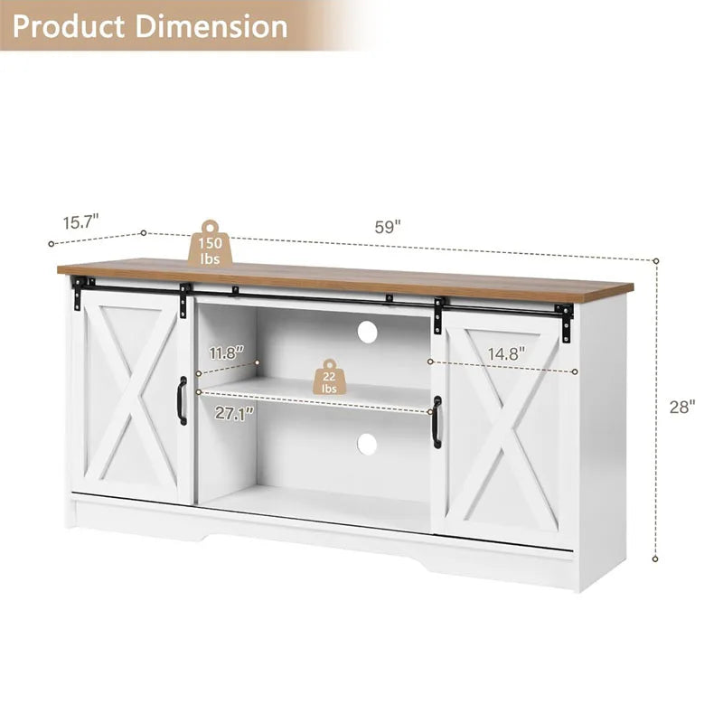 59-inch Farmhouse Rustic Oak and Whitewood Corner TV Stand with 2 Sliding Barn Doors (Maximum TV Size 65-inch) and Adjustable Sh