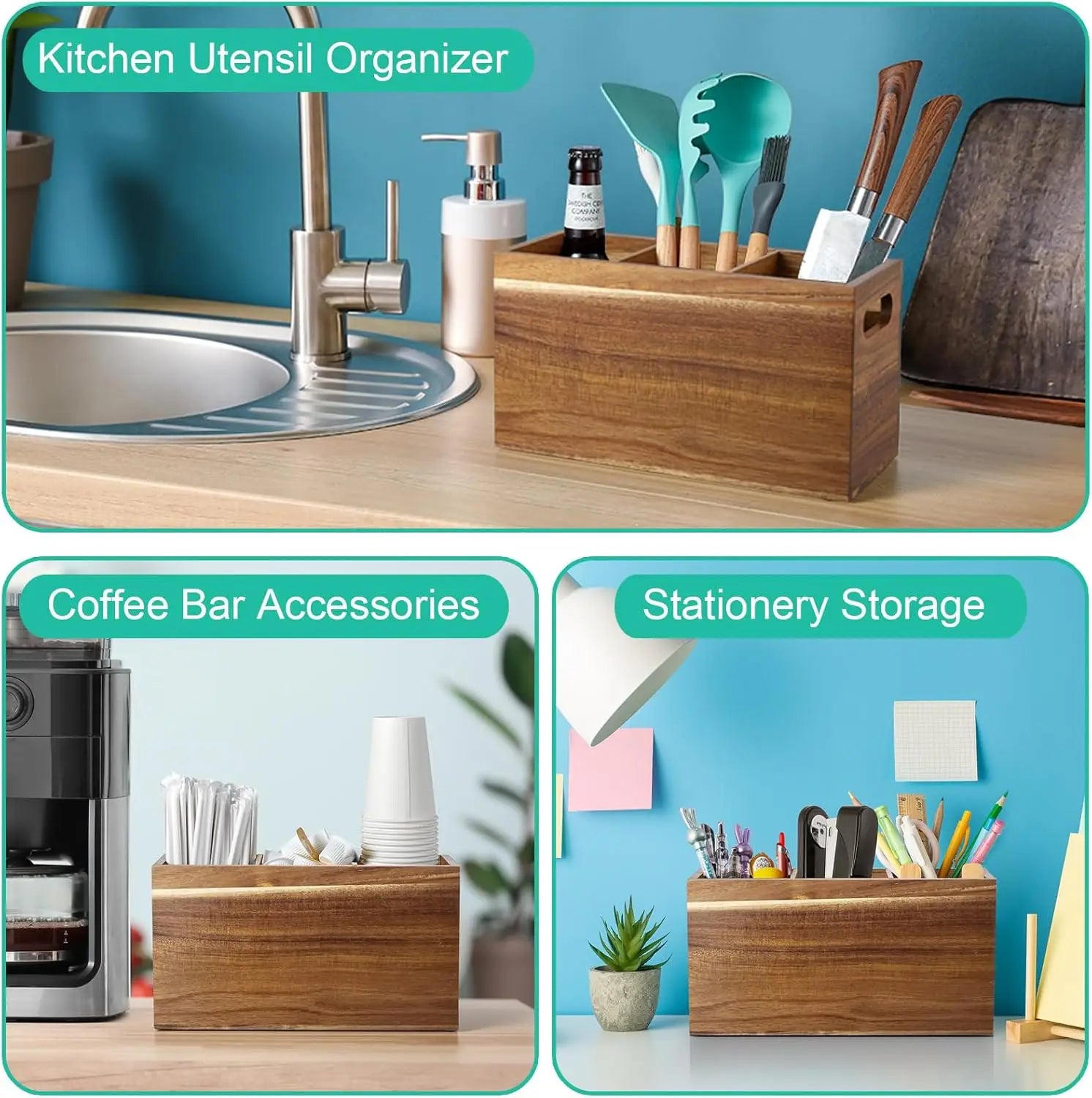 Wooden Silverware Holder Kitchen Utensil Caddy with 3 Compartments Cutlery Storage Organizer For Spoon Fork Holder Countertop