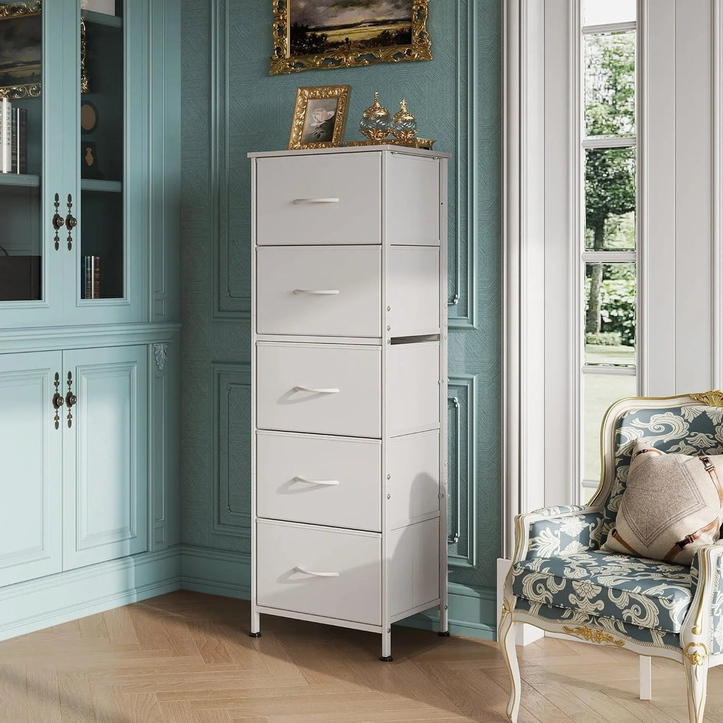 Fabric Dresser, 5-Drawer Tall Dresser for Bedroom, Storage Dresser Organizer with Fabric Bins, Wood Top, Sturdy Steel Frame