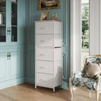 Fabric Dresser, 5-Drawer Tall Dresser for Bedroom, Storage Dresser Organizer with Fabric Bins, Wood Top, Sturdy Steel Frame