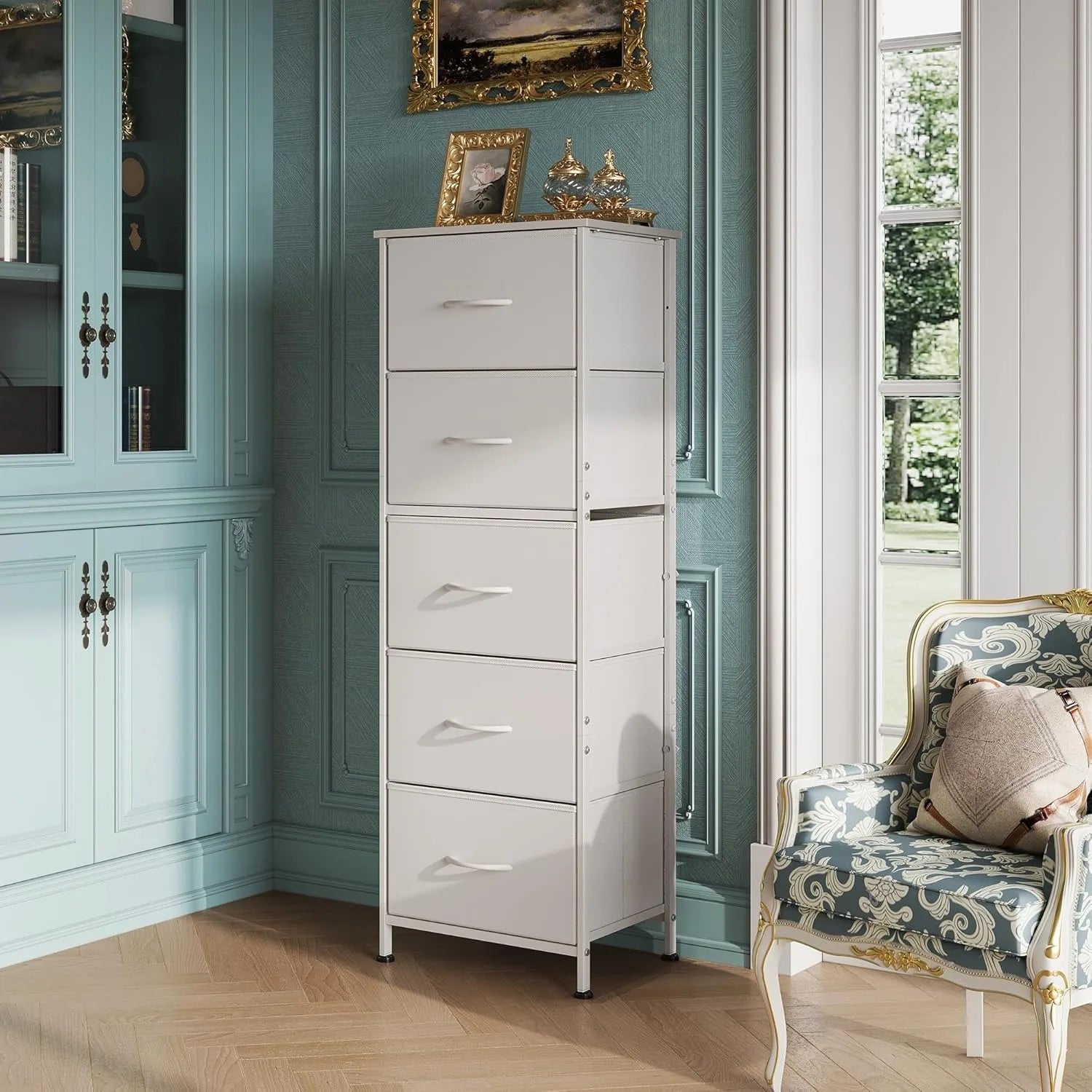 Fabric Dresser, 5-Drawer Tall Dresser for Bedroom, Storage Dresser Organizer with Fabric Bins, Wood Top, Sturdy Steel Frame