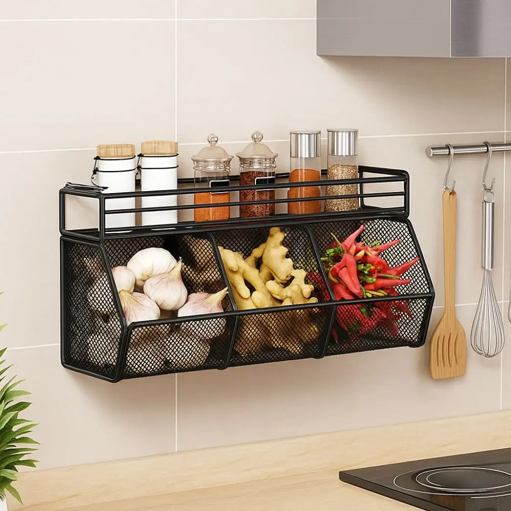 Wall Mounted Kitchen Storage Basket Punch-Free Carbon Steel Vegetable Drainage Basket Grid Onion Ginger Garlic Rack