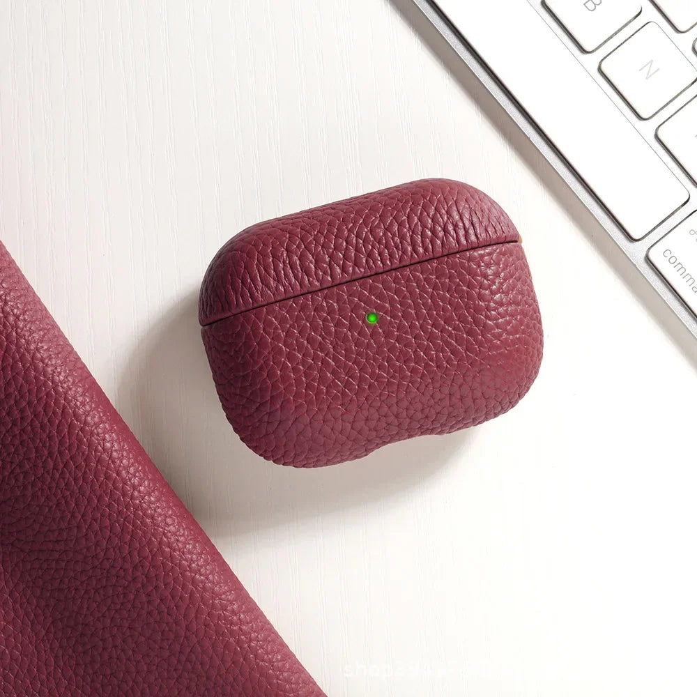 For AirPods Pro 3 Lychee Pattern Cowhide Leather Case for Airpods 4 3 2 1 Pro All-inclusive Earphone Protection Handmade Cover