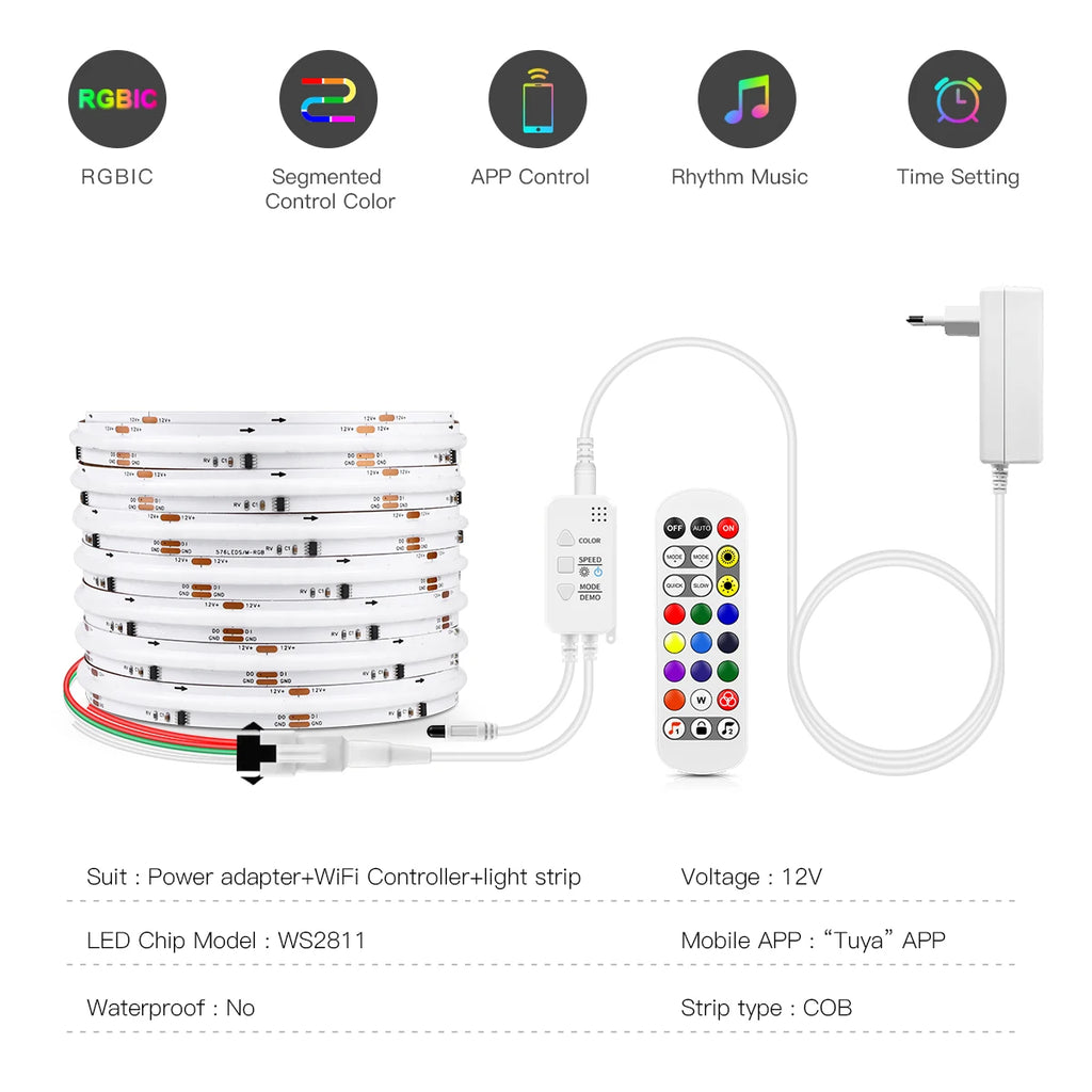 Tuya Smart WiFi Switch WS2811 COB RGBIC RGB LED Strip Light 12V Power Adapter Plug Dimmable Lamp LED Tape for Room Kitchen Decor