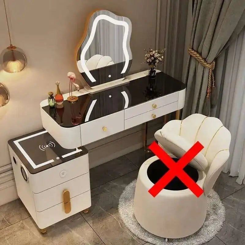 Luxury Glass Dressing Table with Smart Wireless Charging Bedroom Vanity Nightstand Makeup Table Drawers with Led Mirror Dresser