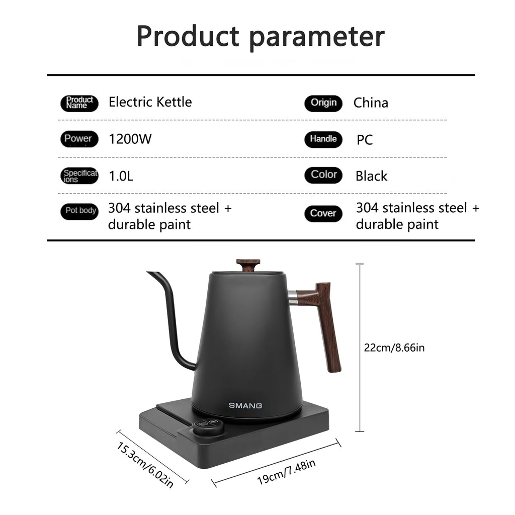 Gooseneck Electric Kettle 1L 1200W Intelligent temperature controlled hand brewed coffee pot Rapid Heating Kettle 110v/220v