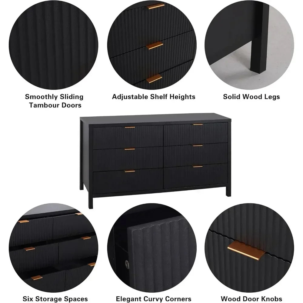 Fluted 6 Drawer Double Dresser for Bedroom, 47" Wide Modern Closet Dressers Chest of Drawers, Wood Storage Dresser Organizer