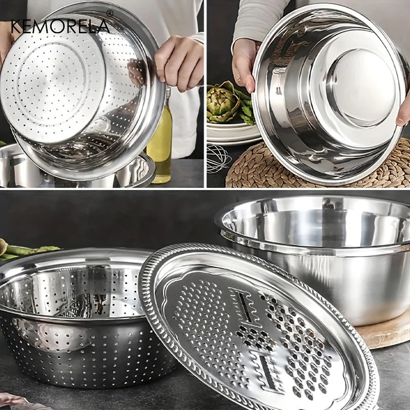 4-in-1 Stainless Steel Kitchen Multifunctional Basin with Lid Airtight Rice Washer Drain Colander Ginger Cheese GraterEssential