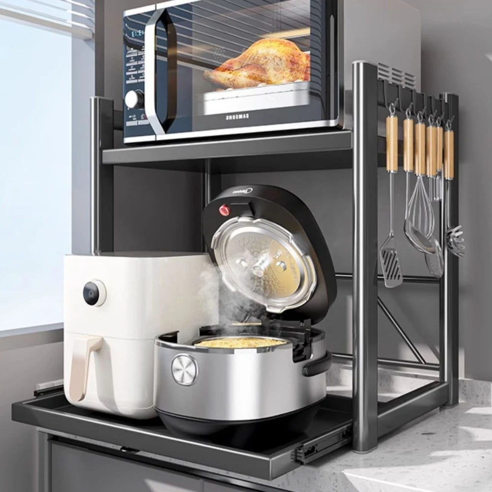 Kitchen Countertop Storage Rack with Sliding Drawer for Microwave Oven Air Fryer Rice Cooker Organization and Storage Use