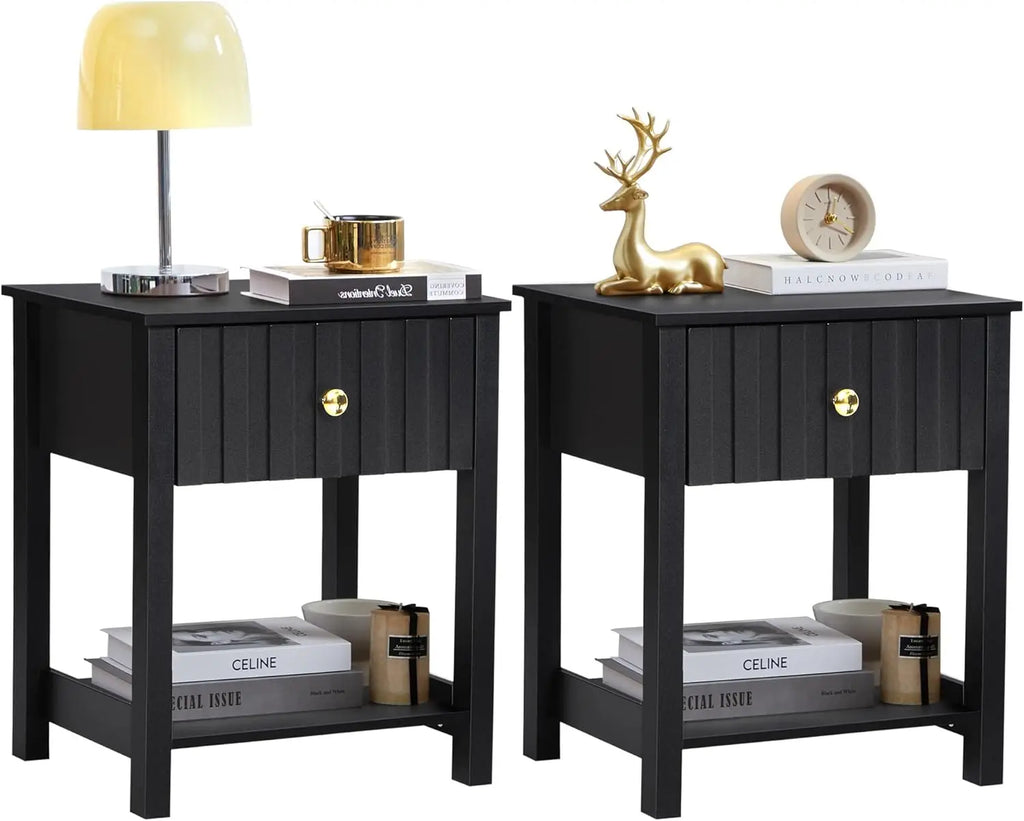 Wood Nightstand, 21.65" H Bedside Table with Wide Fluted Finish, Modern Night Stands with Drawer, Mid Century End Table