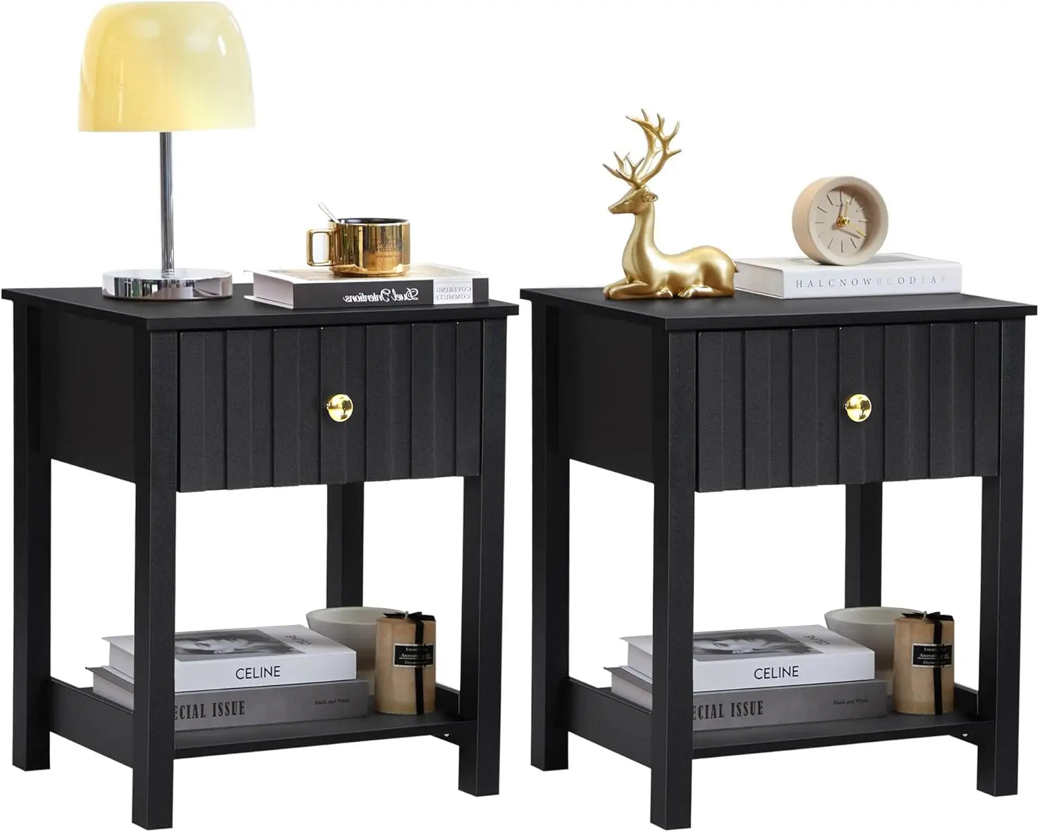 Wood Nightstand, 21.65" H Bedside Table with Wide Fluted Finish, Modern Night Stands with Drawer, Mid Century End Table
