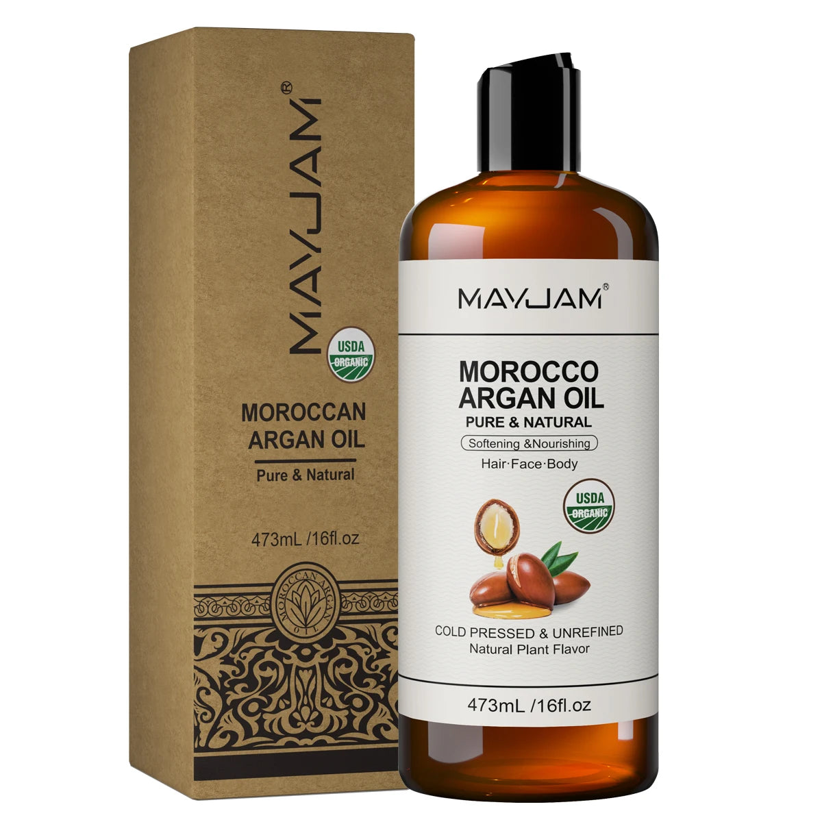 MAYJAM Pure Organic Moroccan Argan Oil Massage On Face, Hair, Body Sweet Almond Oil Cold Pressed USDA Certified 473ml Face Oil