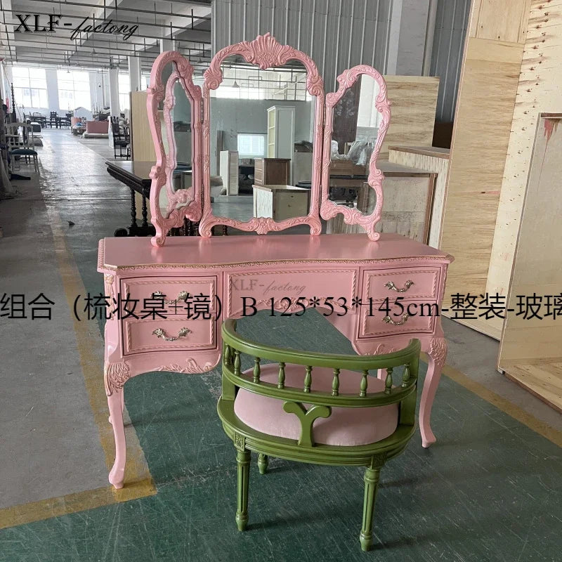 NEW y French retro pink dresser solid wood carving flower dressing table makeup stool glass combination