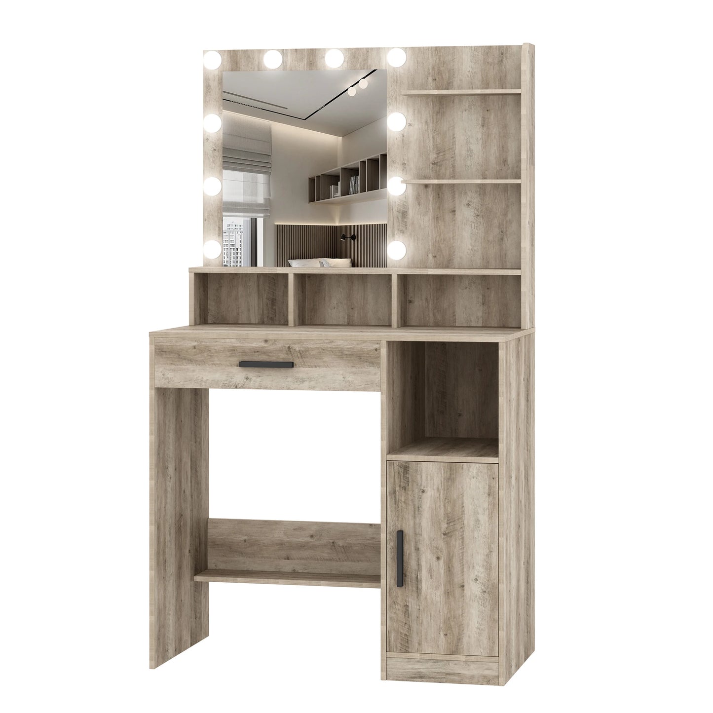 Hzuaneri Dressing Table with Mirror and 10 LED Lights, Vanity Unit with 3 Shelves & 4 Open Compartments, with Large Drawer