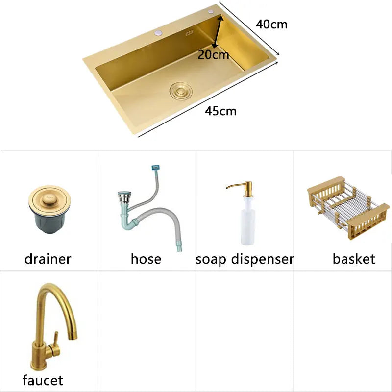 Gold Kitchen Sink Above Counter 304 Stainless Steel Single Bowl Goldn Basket Drainer Soap Dispenser Washing Basin