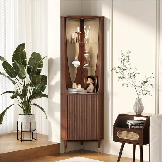 Corner Bar Cabinet with Glass Shelves, Mid Century Modern Cabinet with Door & Lighting, Space Saver for Living Room