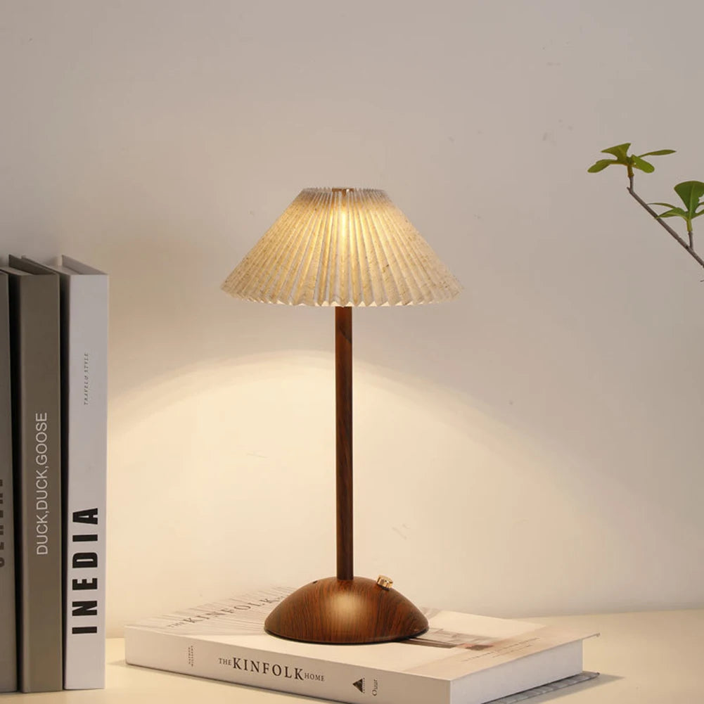 Portable LED Desk Lamp Wood Base Small Table Lamp Fabric Shade Dimmable Touch Lamp Rechargeable for Living Room Dorm Home Office