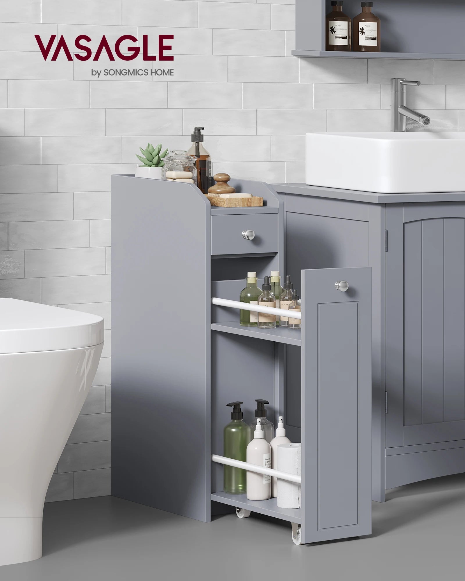 VASAGLE Small Bathroom Storage Cabinet, Slim Bathroom Storage Organizer, Toilet Paper Holder with Storage
