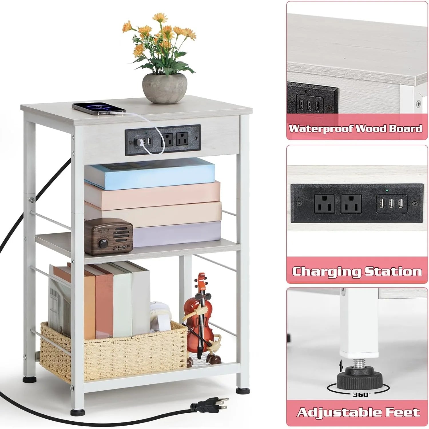 3-Tier Charging Nightstand w/3 USB & Outlets - Bedside Table with Storage Shelf for Bedroom/Dorm/Office, White