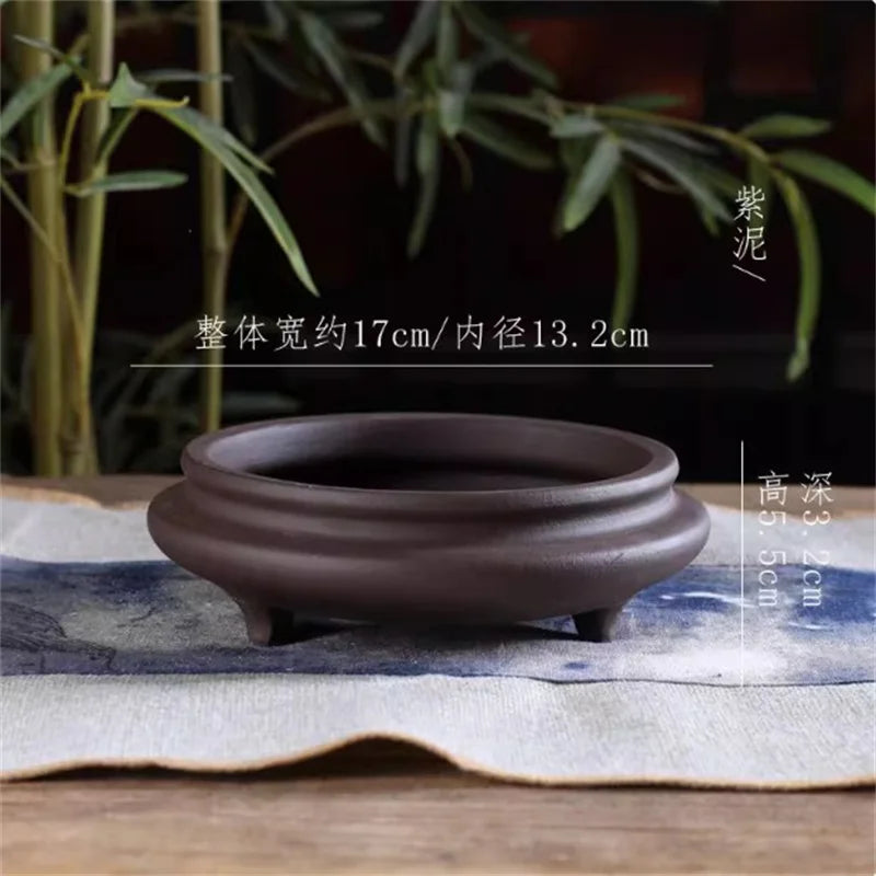 Ceramic Bonsai Pot, Flat Circle Pot, 4 Color,Purple Sand,Round Flower Pot, Home Decoration