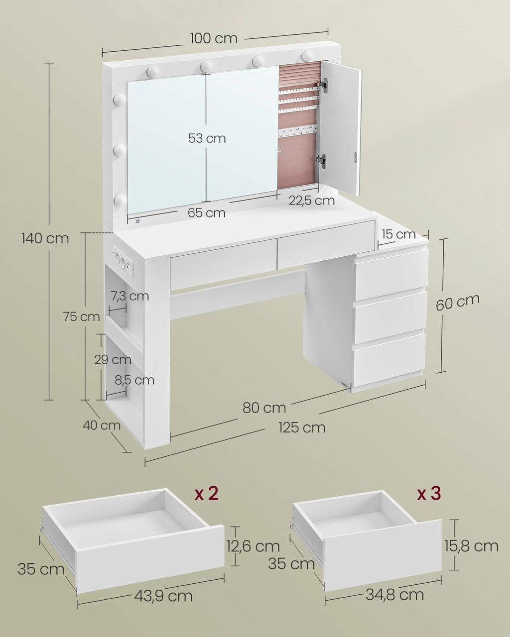 Dressing Table, Makeup Table with Drawer, Power Strip, 40 x 125 x 140 cm, Modern Design, Cloud White