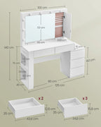 Dressing Table, Makeup Table with Drawer, Power Strip, 40 x 125 x 140 cm, Modern Design, Cloud White