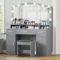 Large Vanity with Mirror and Light,Gray Dressing Table Set with 3 Drawers, 2 Cabinets and 10 LED Bulbs Dresser with Stool for W